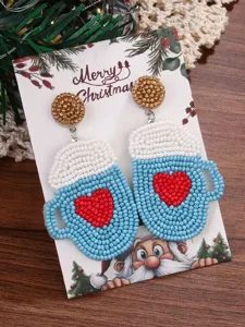 Handmade seed bead Christmas mug earrings with cute red heart design, festive holiday jewelry gift.