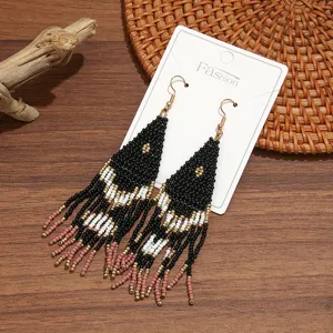 Bohemian handmade beaded fringe earrings, ethnic style triangle cone dangle earrings.