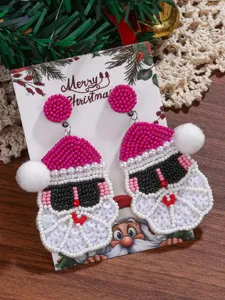 Handmade beaded Christmas Santa Claus earrings festive cute pink holiday drop earrings for women