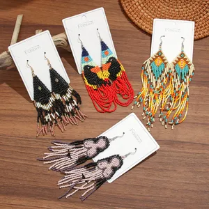Bohemian Handmade Beaded Tassel Dangle Earrings Acrylic Geometric Fringe Ear Hooks Ethnic Vacation Jewelry For Women
