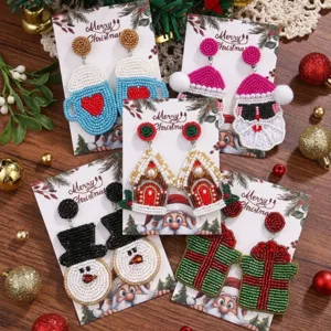 Handmade Beaded Christmas Earrings Cute Santa Snowman Gingerbread House Dangle Earrings Festive Party Jewelry Gift For Women