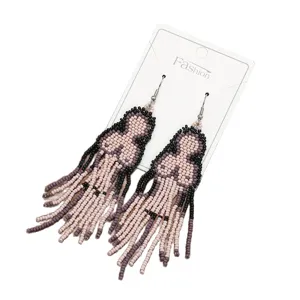 Bohemian handmade beaded dangle earrings with unique fringe design and metal fishhooks for women