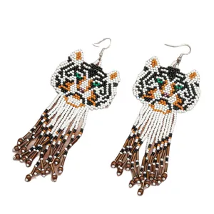 Bohemian handmade beaded tiger fringe earrings ethnic long seed bead drop ear hooks for women