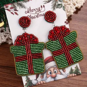 Handmade beaded Christmas gift box earrings holiday festive dangle drop jewelry for women