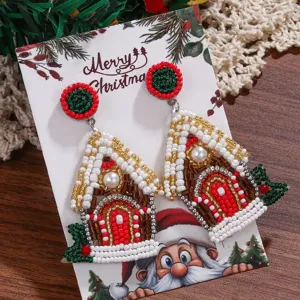 Christmas Gingerbread House Beaded Earrings Handmade Holiday Festive Jewelry