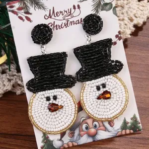 Handmade Seed Bead Christmas Snowman Dangle Earrings Festive Holiday Jewelry Gift for Women