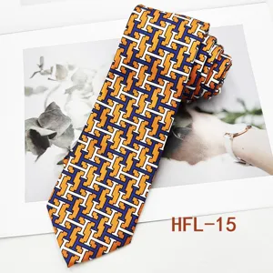Men's retro business necktie with geometric H pattern, orange and blue formal suit accessory.