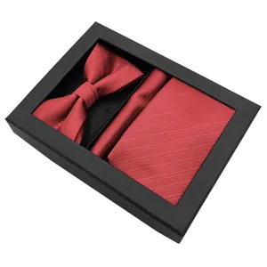 Conjunto de corbata pajarita y pañuelo de bolsillo rojo para hombre con caja de regalo