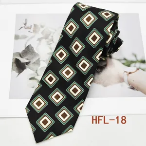 Detailed view of men's retro geometric patterned tie, classic black necktie, 8cm wide