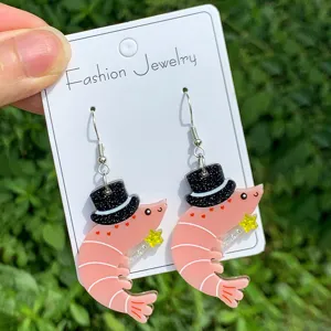 Creative cute pink shrimp acrylic drop earrings with top hat novelty fashion jewelry