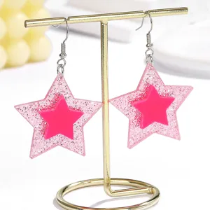Rosa Glitzer doppelte Stern Acryl Ohrringe Damen Modeschmuck schicke Geschenkidee neu
