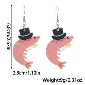 Detailed view of the cute pink shrimp acrylic earrings with top hat, measuring 6.8cm.