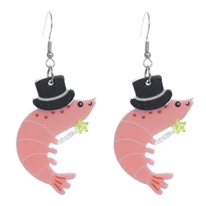 Cute top hat shrimp acrylic earrings pink animal drop earrings fun novelty jewelry gifts for women
