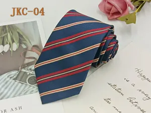 Classic navy blue striped tie with elegant red and white jacquard pattern for daily wear.