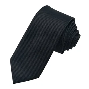 Classic black men's narrow necktie with fine twill texture, ideal for business formal and casual wear.