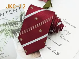 Burgundy JK uniform striped necktie with elegant jacquard crown crest detail for daily wear