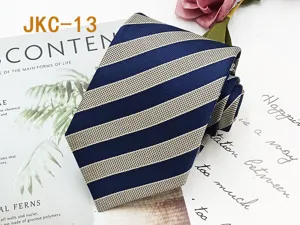 Classic navy blue and beige striped necktie, versatile casual uniform accessory for men and women.