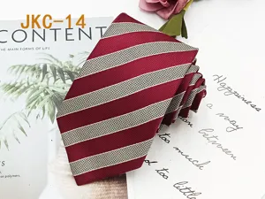Detailed view of the red and white striped JK necktie, featuring a classic handmade design.