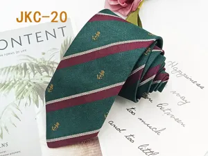 Classic green red striped tie with gold anchor embroidery, pre-tied JK uniform necktie accessory.