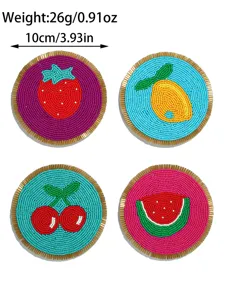 Detalles de posavasos de cuentas hecho a mano, mantel redondo con patrón de fruta creativa.