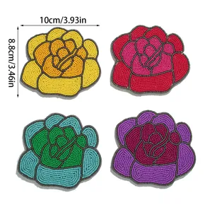 Handmade beaded rose flower coaster set, creative heat insulated table mats for home decor.