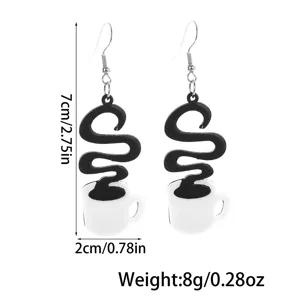 Black and white coffee cup acrylic drop earrings, lightweight fashion dangle jewelry for women.