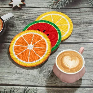 Handgemaakte kraal fruit onderzetters set, creatieve sinaasappel watermeloen kopjes matten.