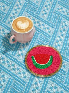 Posavasos artesanal de cuentas con diseño de sandía, estera aislante creativa para decoración