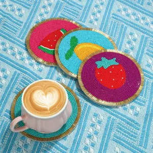Posavasos de Cuentas de Vidrio Hecho a Mano Patrón de Fruta Tapete de Mesa Redondo Resistente al Calor Decoración