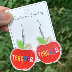 Lehrer Thema Apfel Acryl Ohrringe Detailansicht, bunte Buchstaben Haken Schmuck Geschenk.