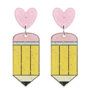 Süße Bleistift Acryl Ohrringe Lehrer Tag rosa Glitzer Herz Ohrhänger Schmuck