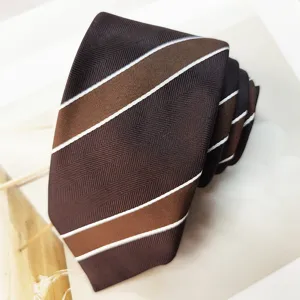 Brown striped JK uniform tie main shot, 7cm handmade casual necktie with herringbone texture.