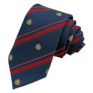 Preppy style dark blue striped necktie with gold crest embroidery, 7cm wide JK uniform tie.