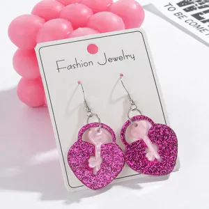 Valentijnsdag Acryl Hart Slot Oorknopjes Roze Glitter Liefde Hart Sleutel Oorbellen Mode Sieraden Voor Vrouwen