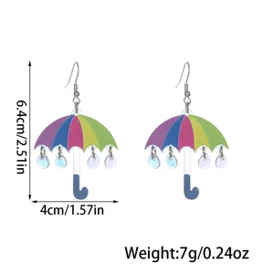 Bunte Acryl Regenschirm Ohrringe mit hängenden Wassertropfen Anhängern und Maßen.