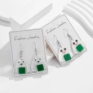 Boucles d'Oreilles Pendantes en Acrylique Forme de Boulette de Riz Dessin Animé Mignon Expression Souriante Créative Bijoux Cadeau Femme