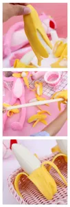 Makroansicht der extrem dehnbaren Gummistruktur dieses gelben Bananen-Quetschspielzeugs.
