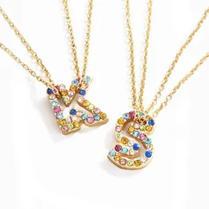 Bunte Strasssteine Buchstabe Initialen Anhänger Halskette Goldkette Modeschmuck Damen