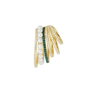 Mehrschichtige Perlen grüne Strass Gold Ohrklemme, mehrreihiges glitzerndes Kristall Design Frauen.