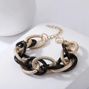 Klobige Metall Acryl Gliederkette Armband, retro schwarz goldfarben Armschmuck Damen.