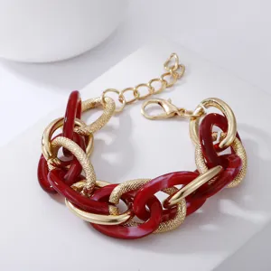 Klobiges rotes Acryl Gold Metall Kette Armband Mode Retro Schmuck für Damen und Mädchen.