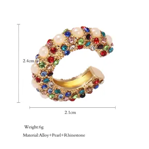 Vintage bunte Strass Perlen Ohrklemme Gold Legierung Clip Ohrring fuer Damen kein Piercing