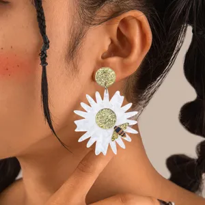 Große Acryl Gänseblümchen Biene Ohrringe glitzernde Blumen Hängeohringe Schmuck für Damen