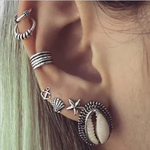 Boho Silber Muschel Seestern Anker Ohrklammer Set, mehrteiliger Piercing Schmuck Damen.