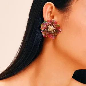 Atemberaubende Retro Acetat Blumen Ohrstecker mit glänzendem goldfarbenen Zentrum. Trendiger Schmuck.