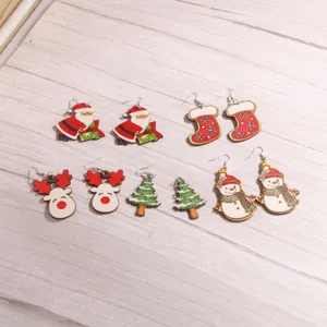 Weihnachten Holz Ohrringe Damen Süße Cartoon Weihnachtsmann Schneemann Rentier Baum Socken Ohrhänger Festlich Party Schmuck Geschenk