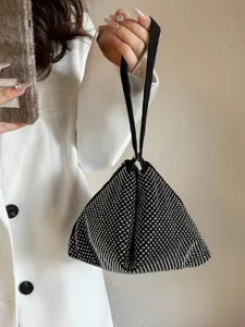 Elegante schwarze Strass-Beuteltasche für Damen, glitzernde Abendhandtasche, schicke Handgelenktasche.