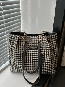 Retro Houndstooth Large Capacity Tote Bag For Women Woolen Fabric Spliced Leather Shoulder Bag Urban Minimalist Commuter Handbag With Chain Metal Rings