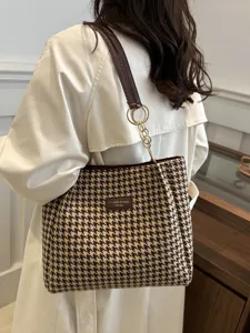 Autumn Winter Vintage Large Capacity Houndstooth Tote Bag Women Fashion Shoulder Bag