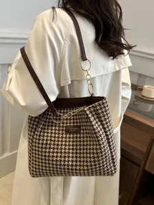 Autumn winter retro houndstooth large capacity shoulder tote bag stylish commuter bag